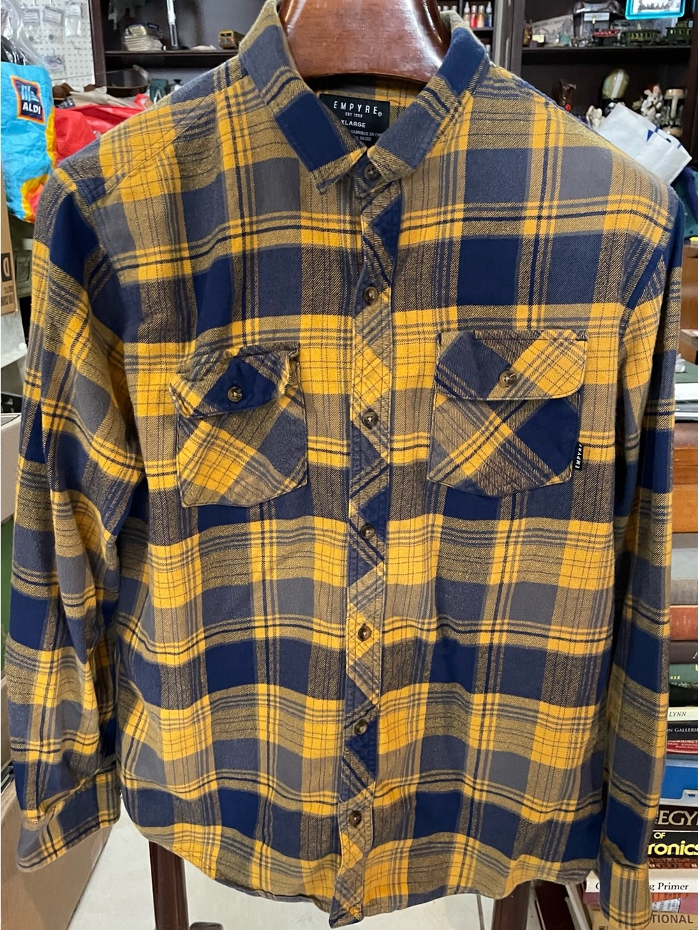 Empyre Men's Yellow and Navy Plaid Button-Down Shirt
